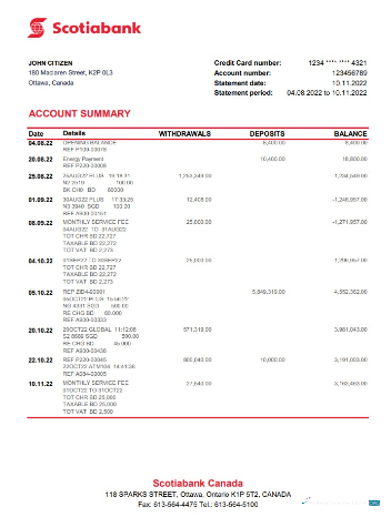 Download Canada Scotiabank bank statement excel Photoshop template